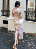DAZY Mid-Length Rose Floral Print Sheer Overlay Slit Party Dress shein