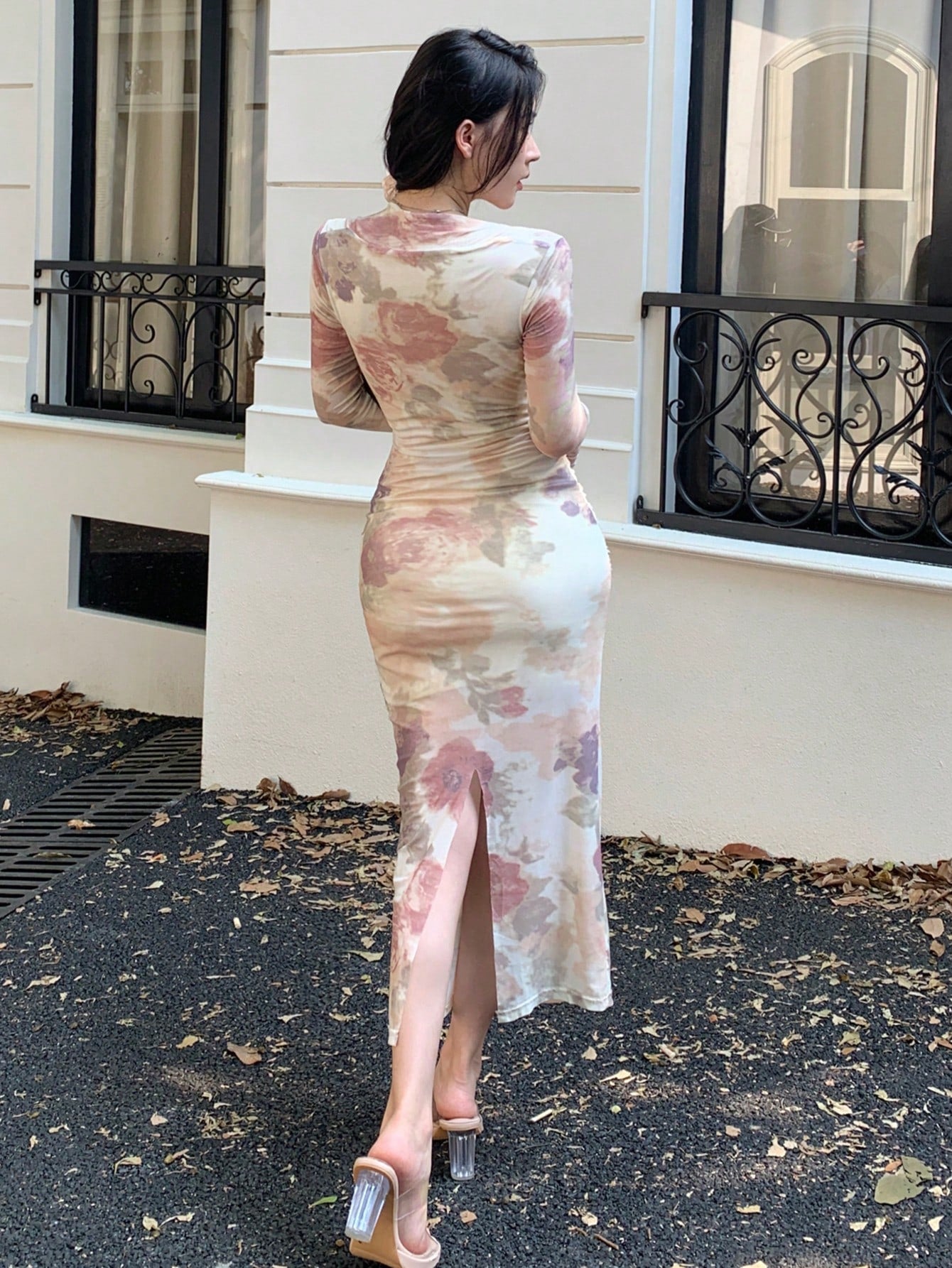 DAZY Mid-Length Rose Floral Print Sheer Overlay Slit Party Dress shein