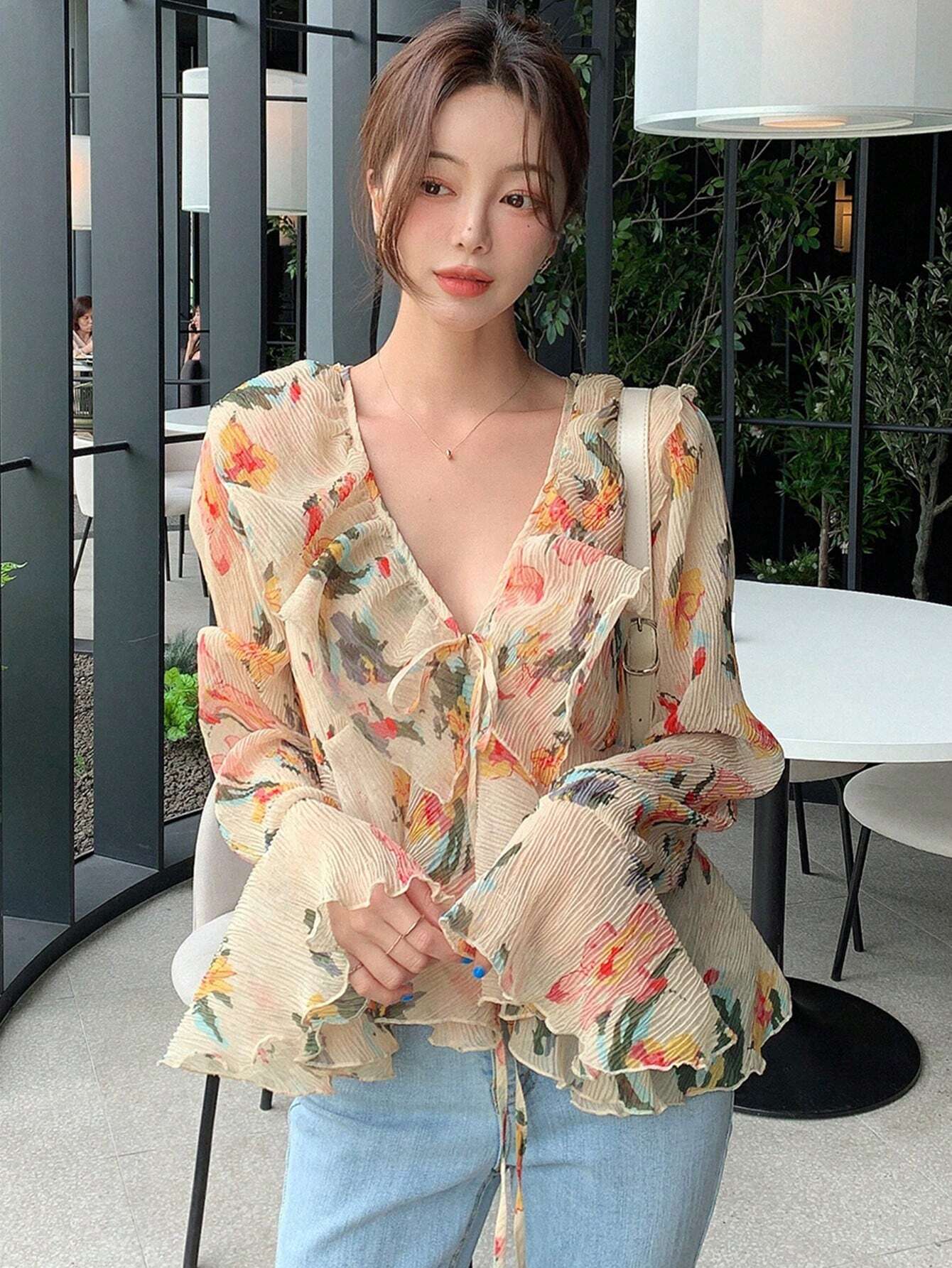 DAZY Floral Print Ruffle Trim Flare Sleeve Blouse shein