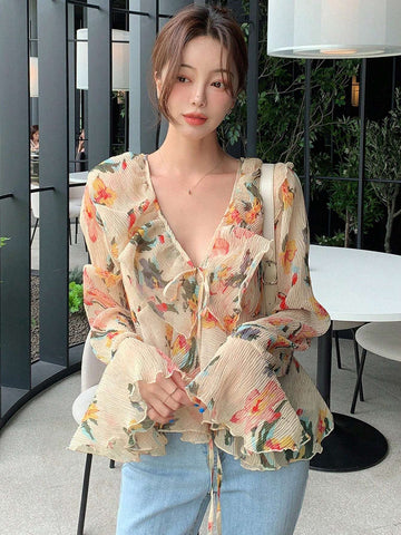 DAZY Floral Print Ruffle Trim Flare Sleeve Blouse