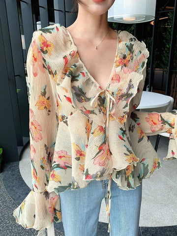 DAZY Floral Print Ruffle Trim Flare Sleeve Blouse