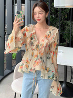 DAZY Floral Print Ruffle Trim Flare Sleeve Blouse shein