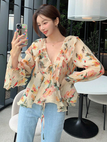 DAZY Floral Print Ruffle Trim Flare Sleeve Blouse