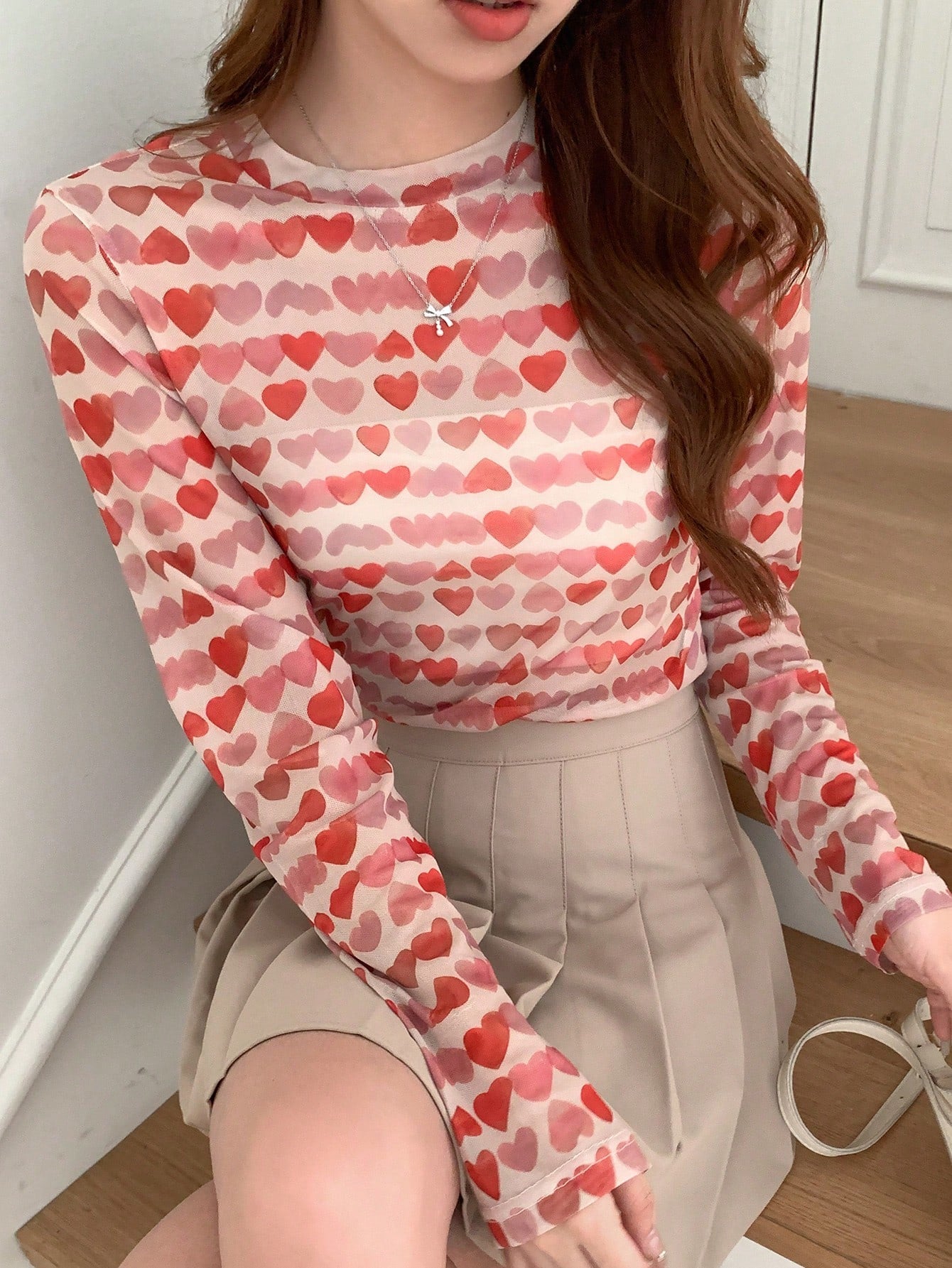 DAZY Heart Pattern Mesh Top shein