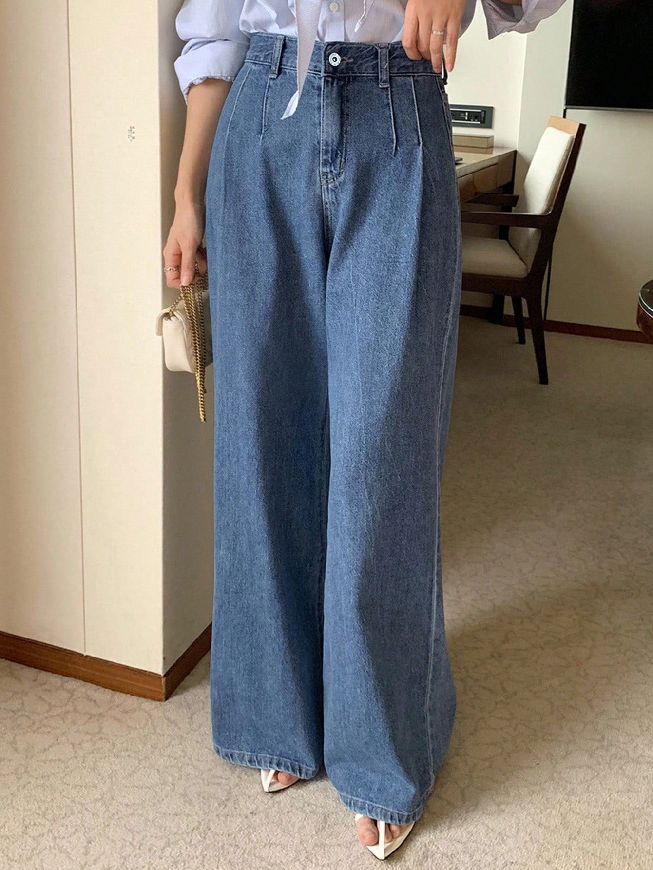 DAZY High Waist Washed Blue Pleated Wide Leg Jeans