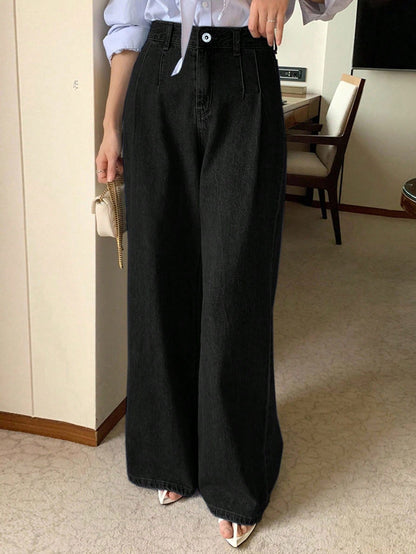 DAZY High Waist Washed Blue Pleated Wide Leg Jeans