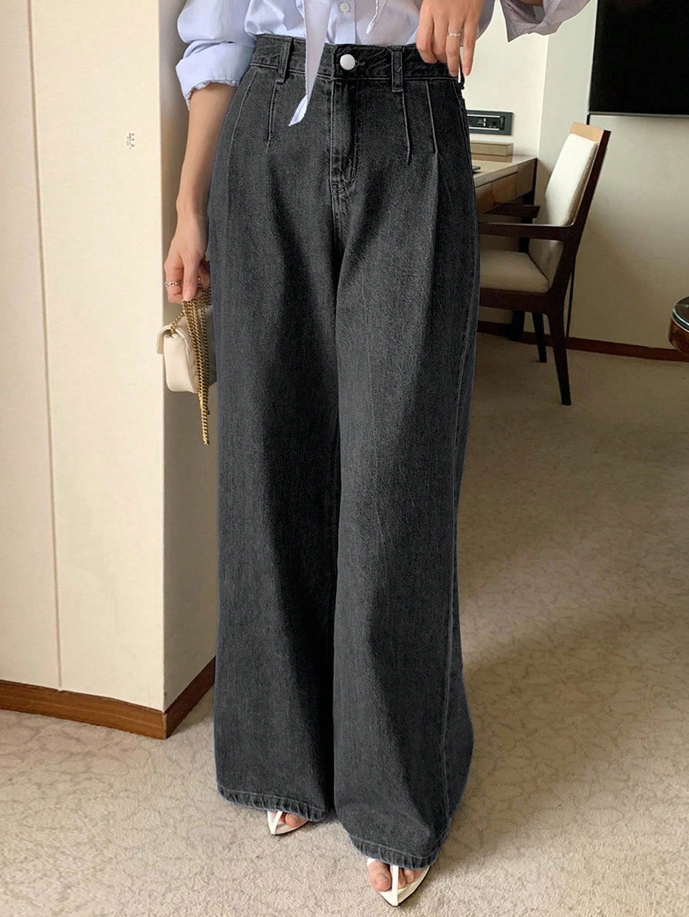 DAZY High Waist Washed Blue Pleated Wide Leg Jeans