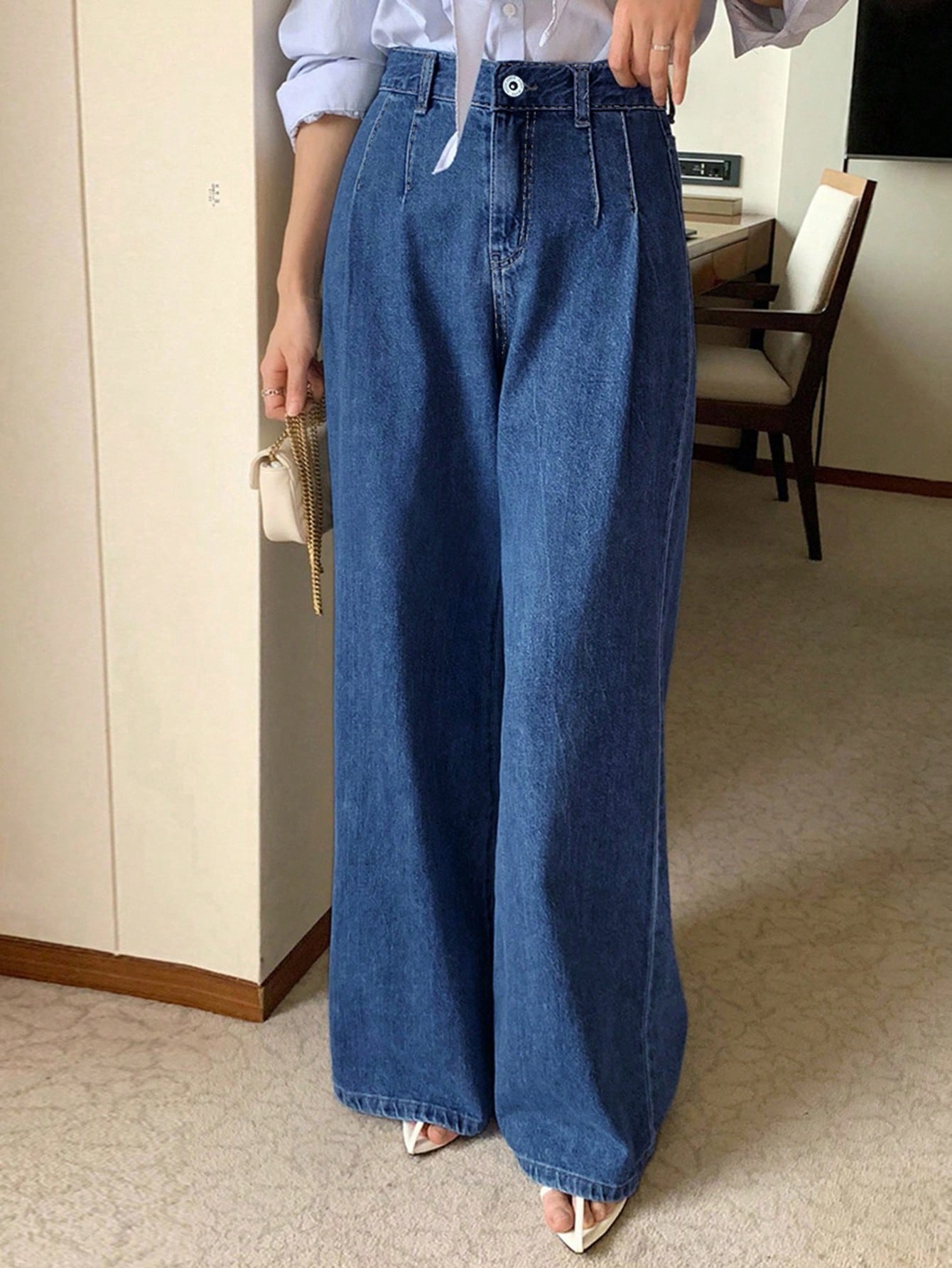 DAZY High Waist Washed Blue Pleated Wide Leg Jeans