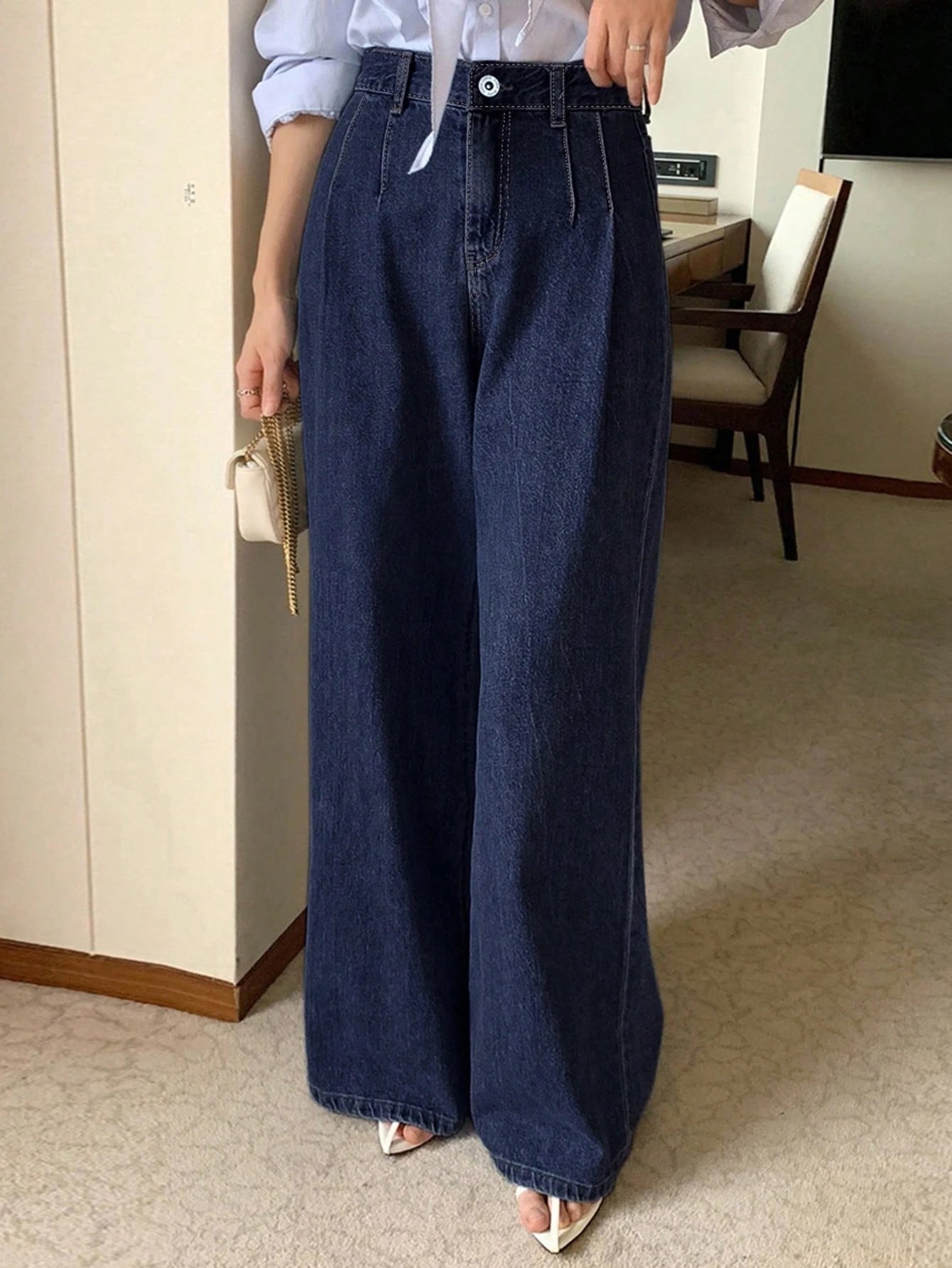 DAZY High Waist Washed Blue Pleated Wide Leg Jeans