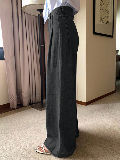 DAZY High Waist Washed Blue Pleated Wide Leg Jeans