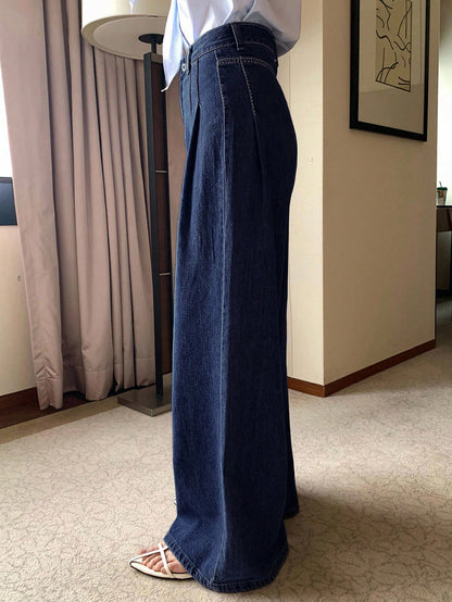 DAZY High Waist Washed Blue Pleated Wide Leg Jeans