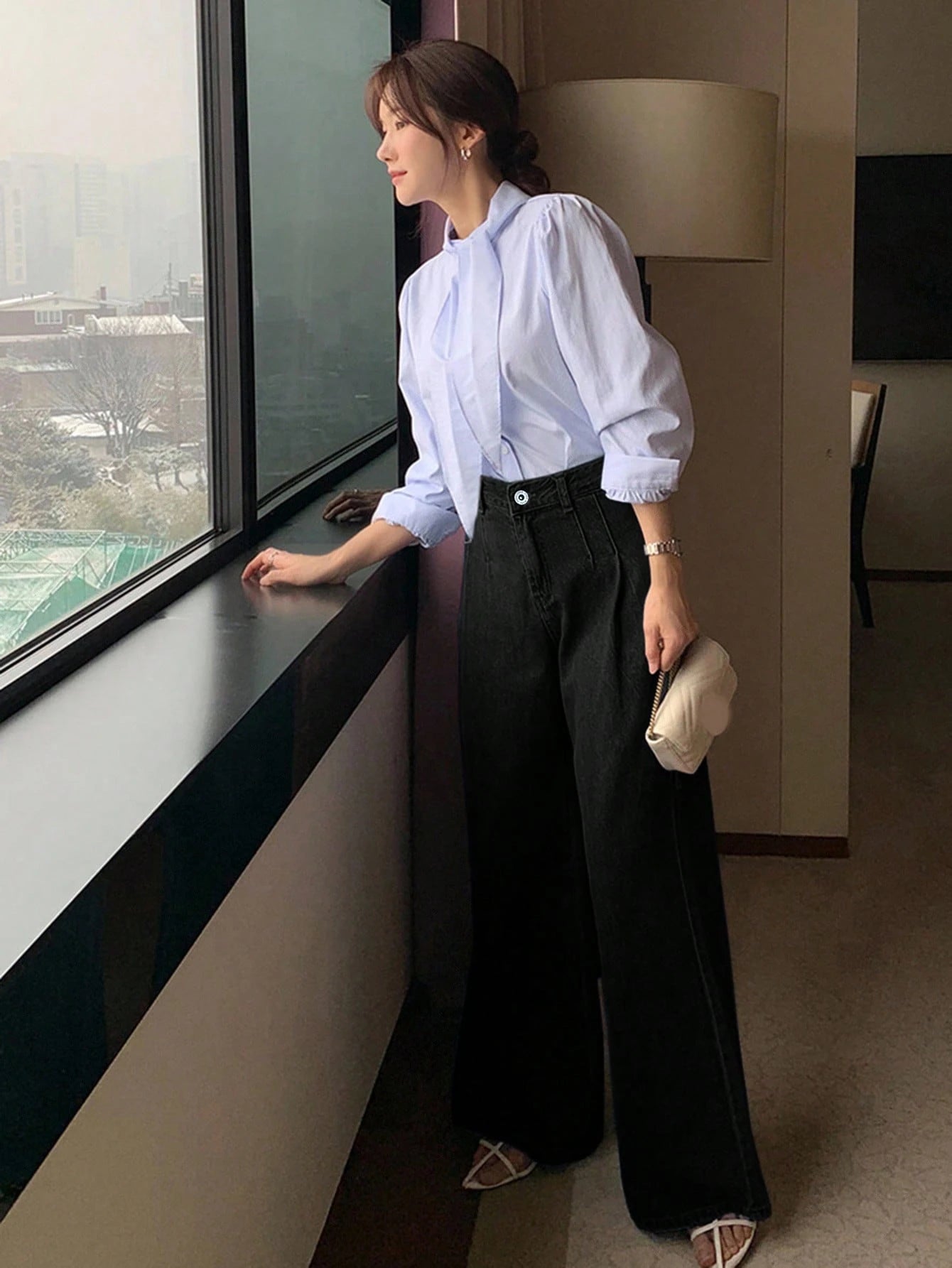 DAZY High Waist Washed Blue Pleated Wide Leg Jeans