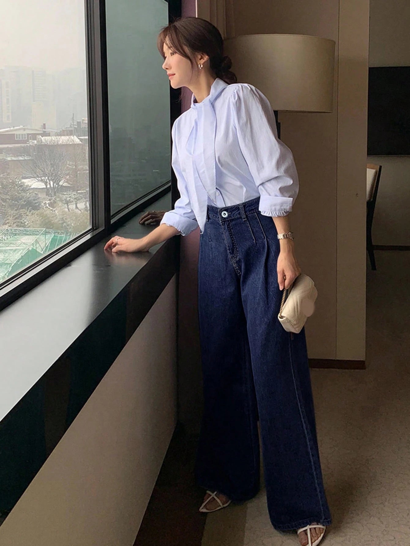 DAZY High Waist Washed Blue Pleated Wide Leg Jeans