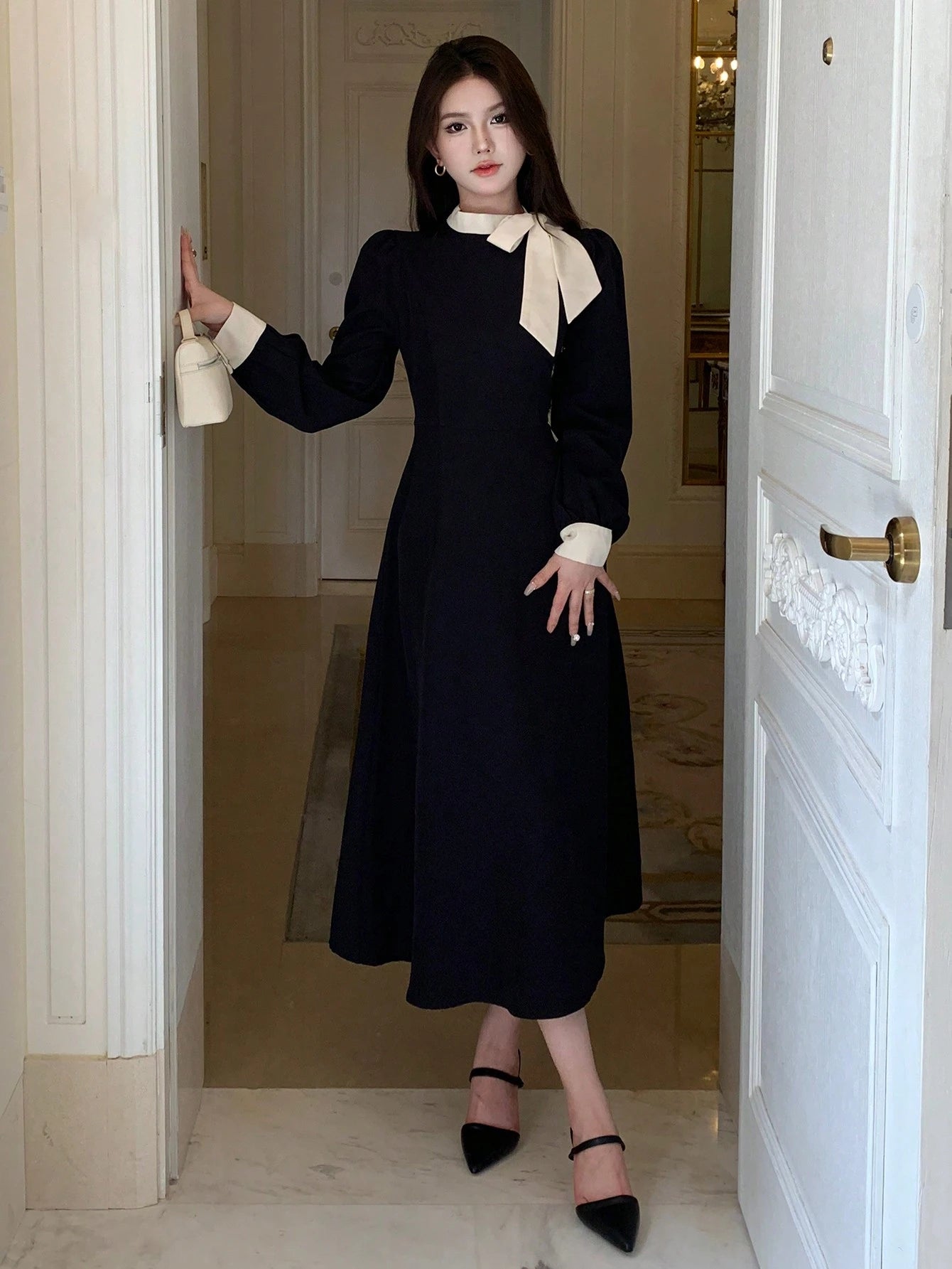 DAZY Homecoming Contrast Color Ruffle Collar Midi Dress