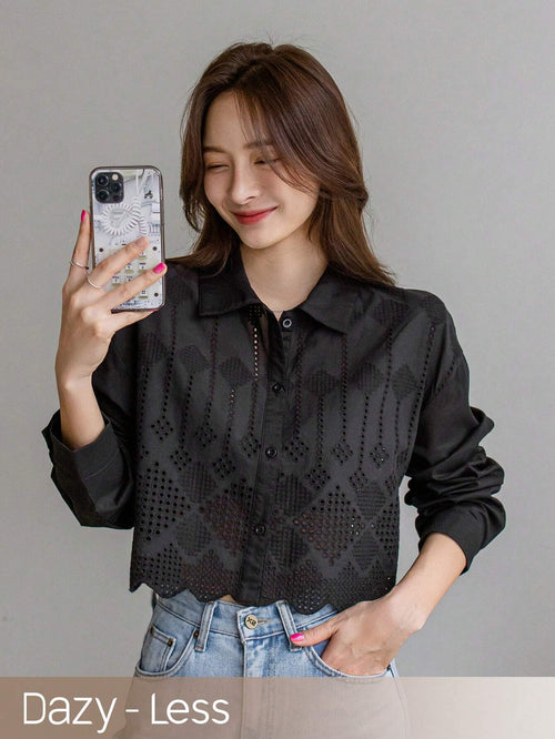 Women Fashionable Solid Color Mesh Hollow Out Long Sleeve Shirt shein