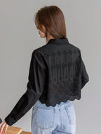 Women Fashionable Solid Color Mesh Hollow Out Long Sleeve Shirt shein
