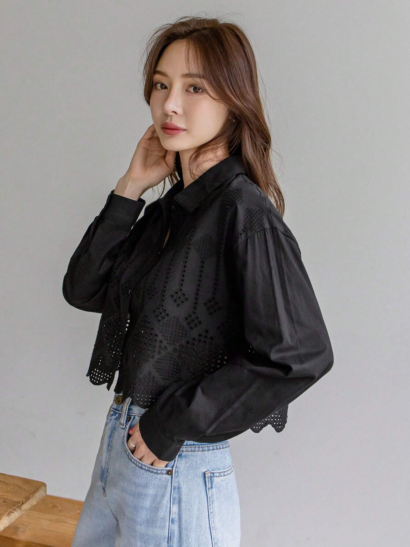 Women Fashionable Solid Color Mesh Hollow Out Long Sleeve Shirt shein