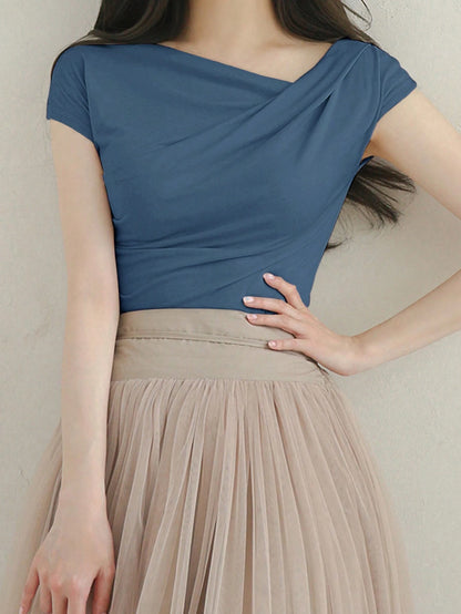 DAZY Women's Summer Solid Color Asymmetrical Collar Slim Short Sleeve T-Shirt