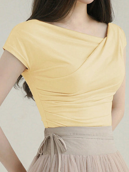 DAZY Women's Summer Solid Color Asymmetrical Collar Slim Short Sleeve T-Shirt