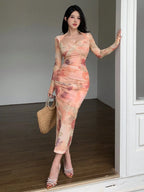 DAZY Mid-Length Rose Floral Print Sheer Overlay Slit Party Dress shein