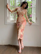 DAZY Mid-Length Rose Floral Print Sheer Overlay Slit Party Dress shein