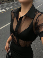 DAZY Minimalist Sheer Mesh Chiffon Short Sleeve Shirt Blouse shein