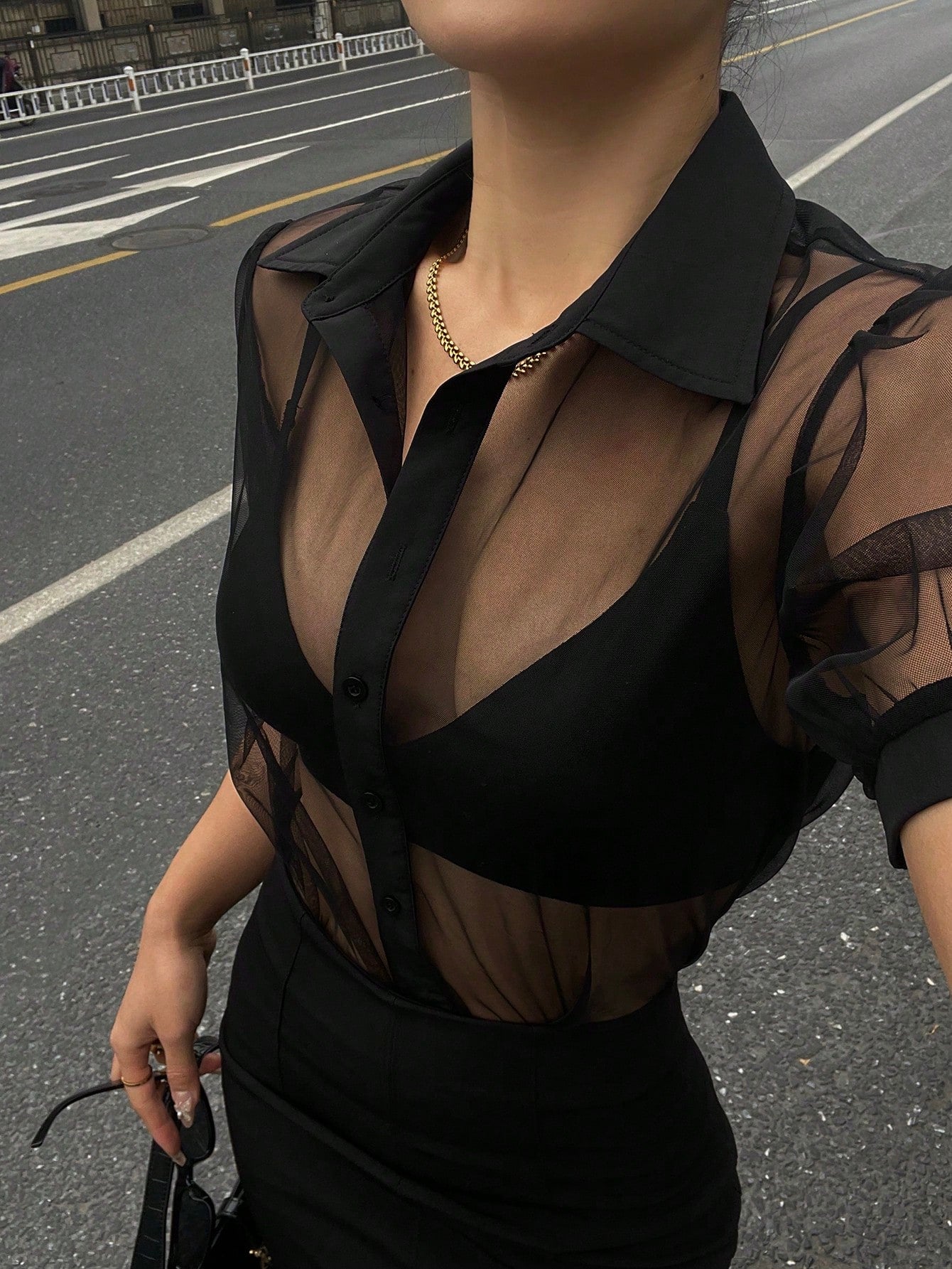 DAZY Minimalist Sheer Mesh Chiffon Short Sleeve Shirt Blouse shein
