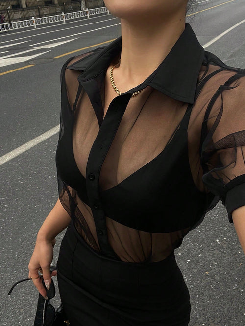 DAZY Minimalist Sheer Mesh Chiffon Short Sleeve Shirt Blouse shein