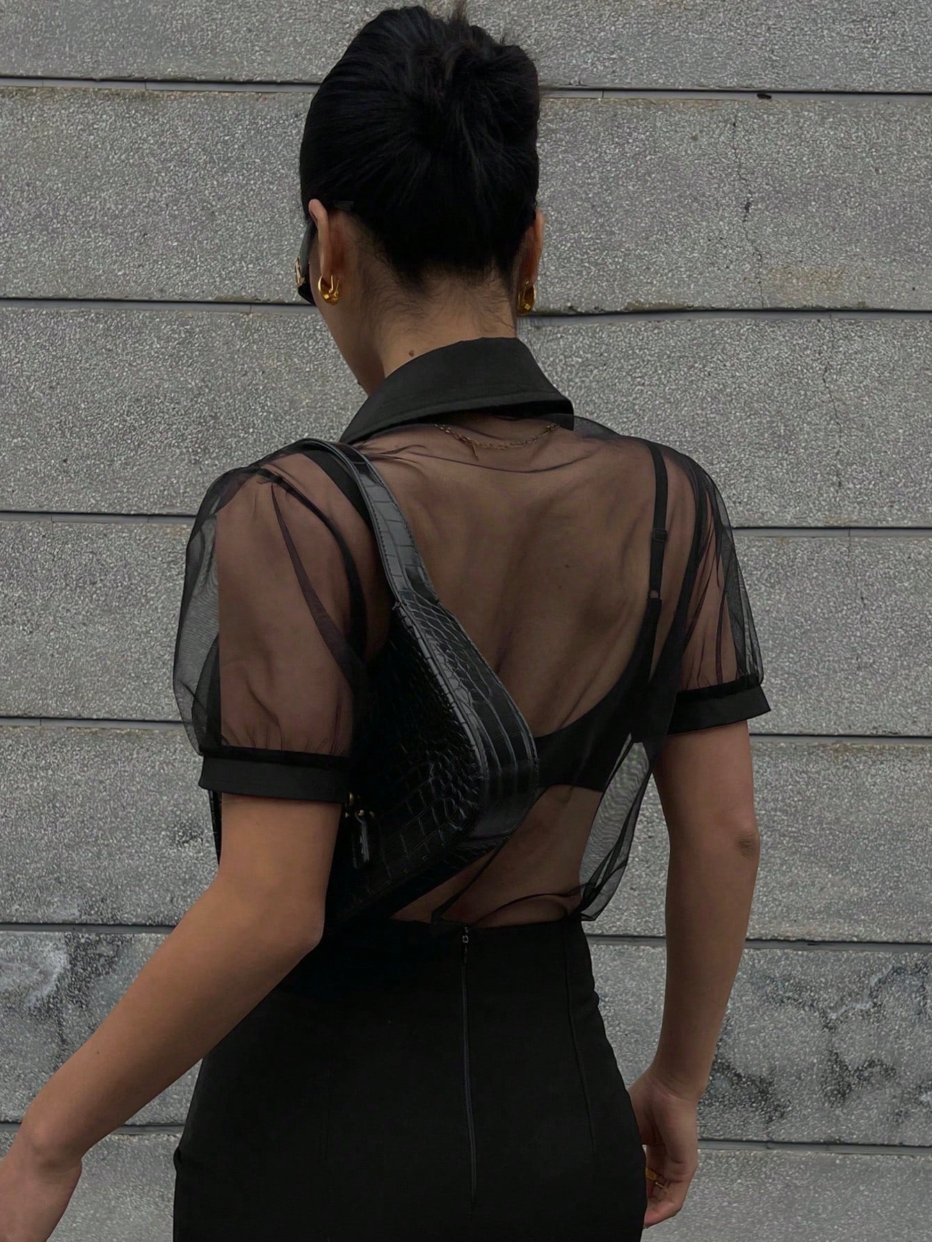 DAZY Minimalist Sheer Mesh Chiffon Short Sleeve Shirt Blouse shein