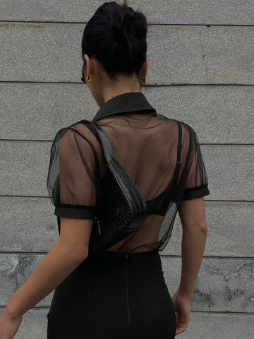 DAZY Minimalist Sheer Mesh Chiffon Short Sleeve Shirt Blouse