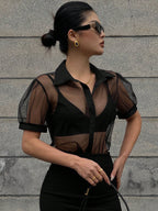 DAZY Minimalist Sheer Mesh Chiffon Short Sleeve Shirt Blouse shein