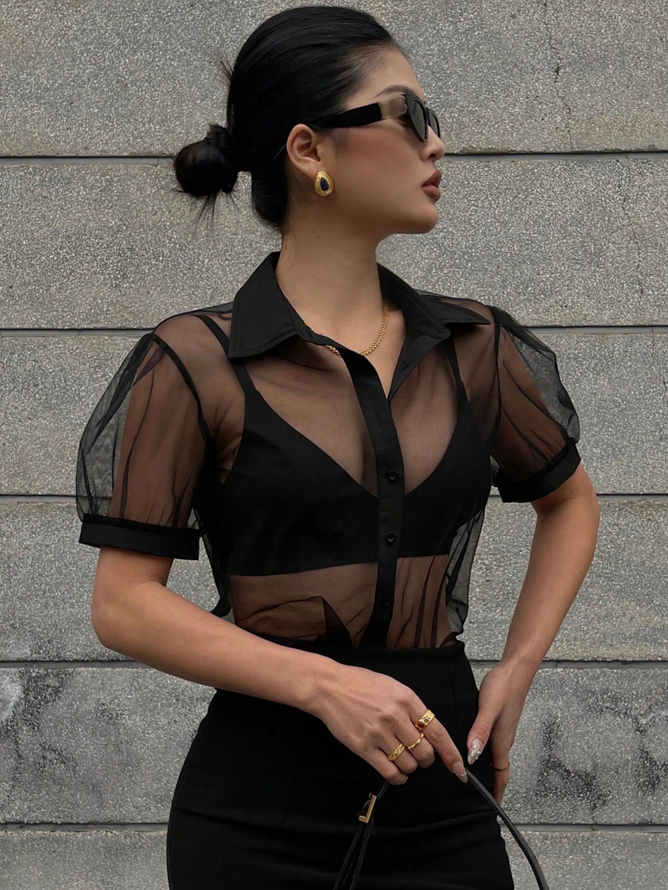 DAZY Minimalist Sheer Mesh Chiffon Short Sleeve Shirt Blouse shein