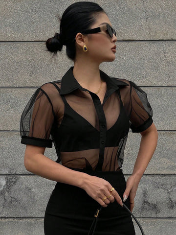 DAZY Minimalist Sheer Mesh Chiffon Short Sleeve Shirt Blouse