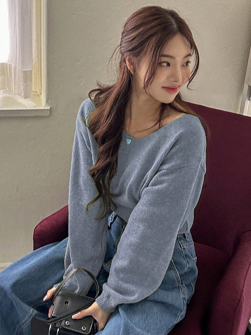 DAZY Vintage Minimalist V-Neck Long Sleeve Pullover Sweater shein
