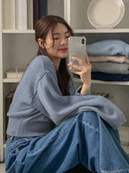 DAZY Vintage Minimalist V-Neck Long Sleeve Pullover Sweater shein