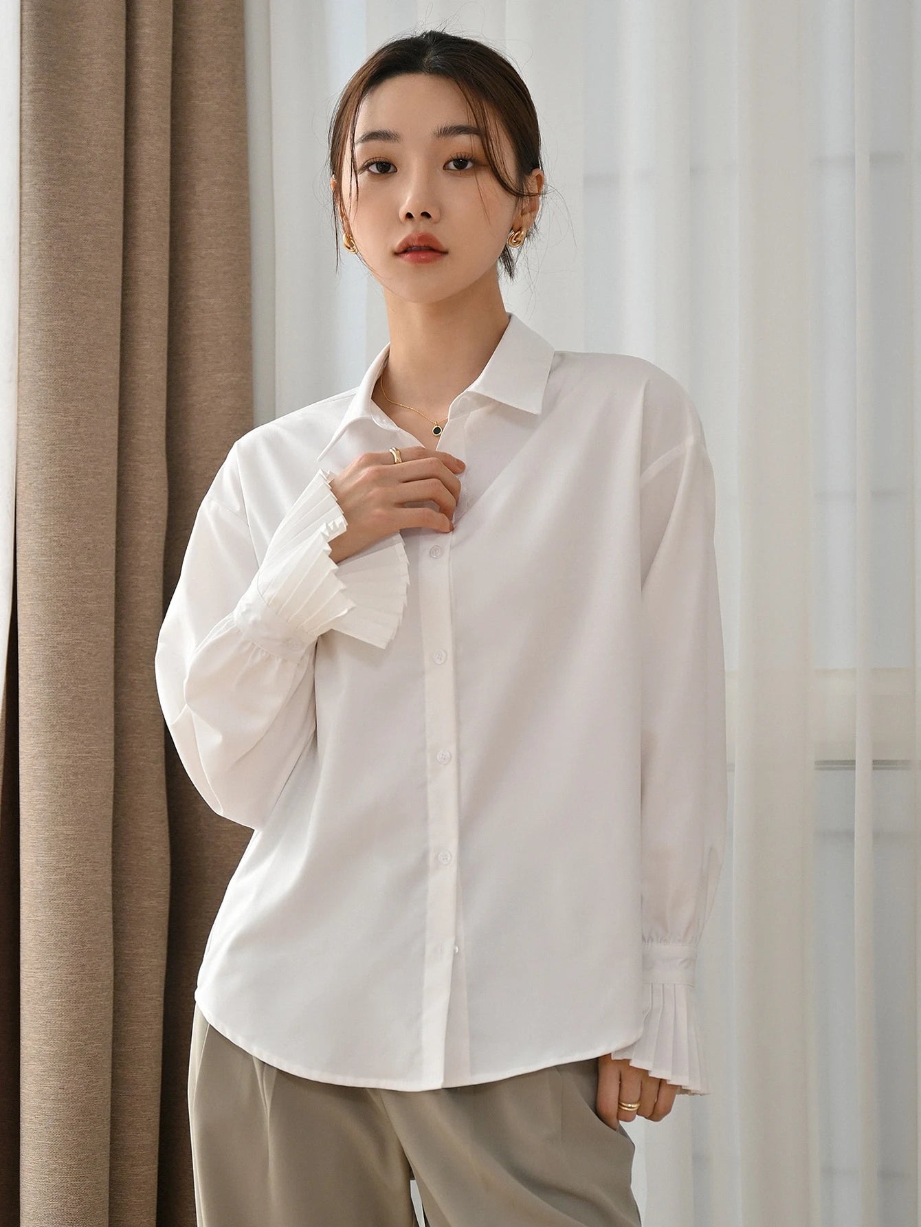 Women's Plain Long Sleeve Business Casual Shirt shein