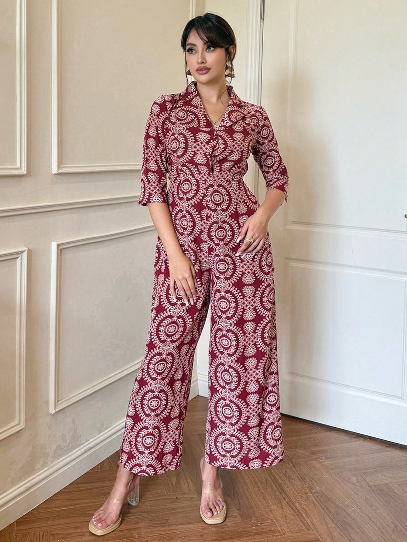 DAZY Women's Vacation Floral Print 3/4 Sleeve Palazzo Jumpsuit