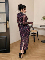 DAZY Mid-Length Rose Floral Print Sheer Overlay Slit Party Dress shein