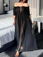 DAZY Sexy Women's Attractive Sheer Mesh Off-Shoulder Ruffle Hem Long Nightgown shein