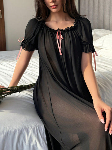 DAZY Sexy Women's Attractive Sheer Mesh Off-Shoulder Ruffle Hem Long Nightgown