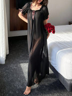 DAZY Sexy Women's Attractive Sheer Mesh Off-Shoulder Ruffle Hem Long Nightgown shein
