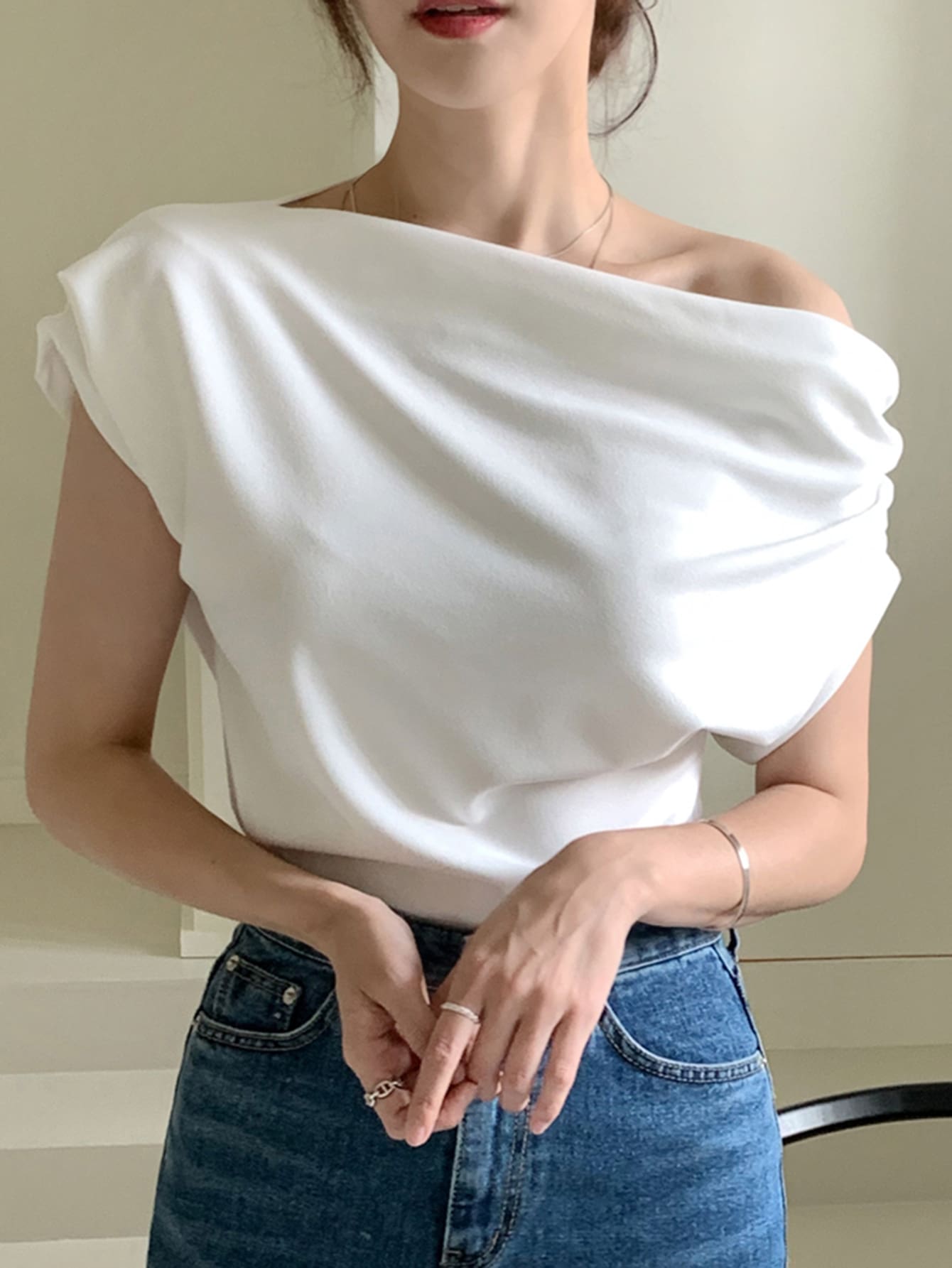 DAZY Solid Asymmetrical Neck Batwing Sleeve Tee
