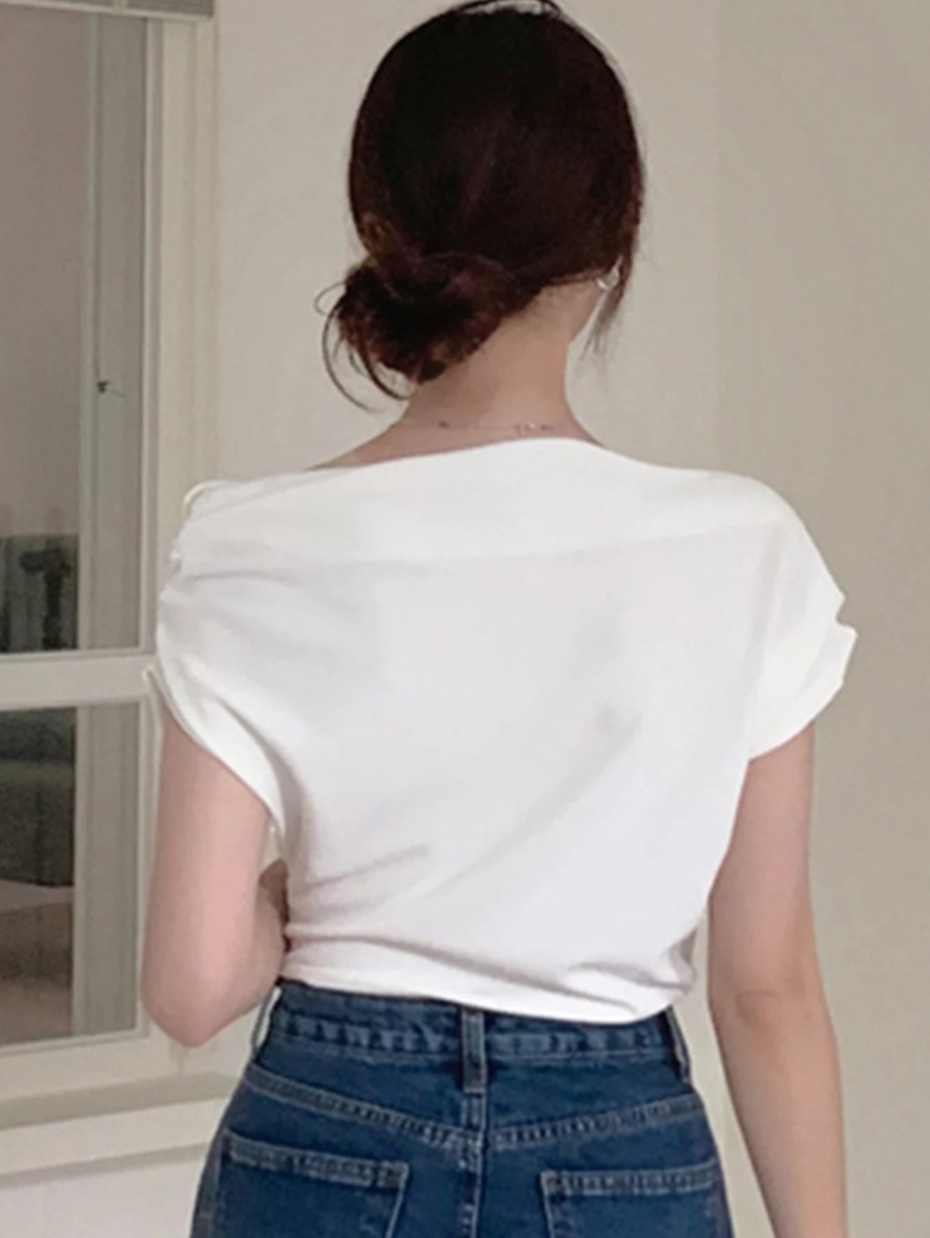 DAZY Solid Asymmetrical Neck Batwing Sleeve Tee