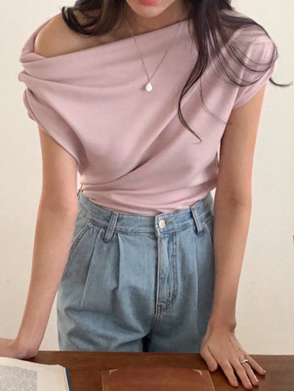 DAZY Women's Solid Color Pleated Shoulder T-Shirt