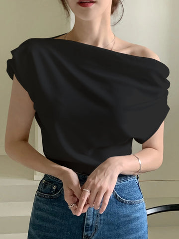 DAZY Solid Asymmetrical Neck Batwing Sleeve Tee