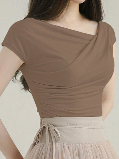 DAZY Women's Summer Solid Color Asymmetrical Collar Slim Short Sleeve T-Shirt