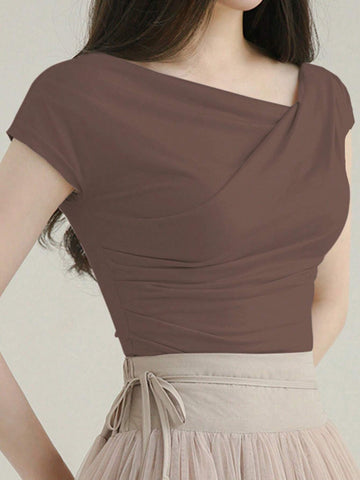 DAZY Women's Summer Solid Color Asymmetrical Collar Slim Short Sleeve T-Shirt