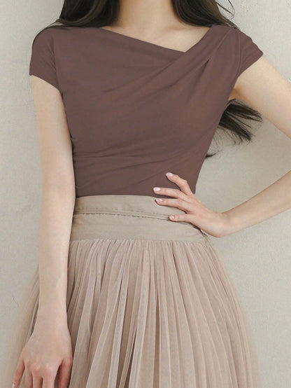 DAZY Women's Summer Solid Color Asymmetrical Collar Slim Short Sleeve T-Shirt