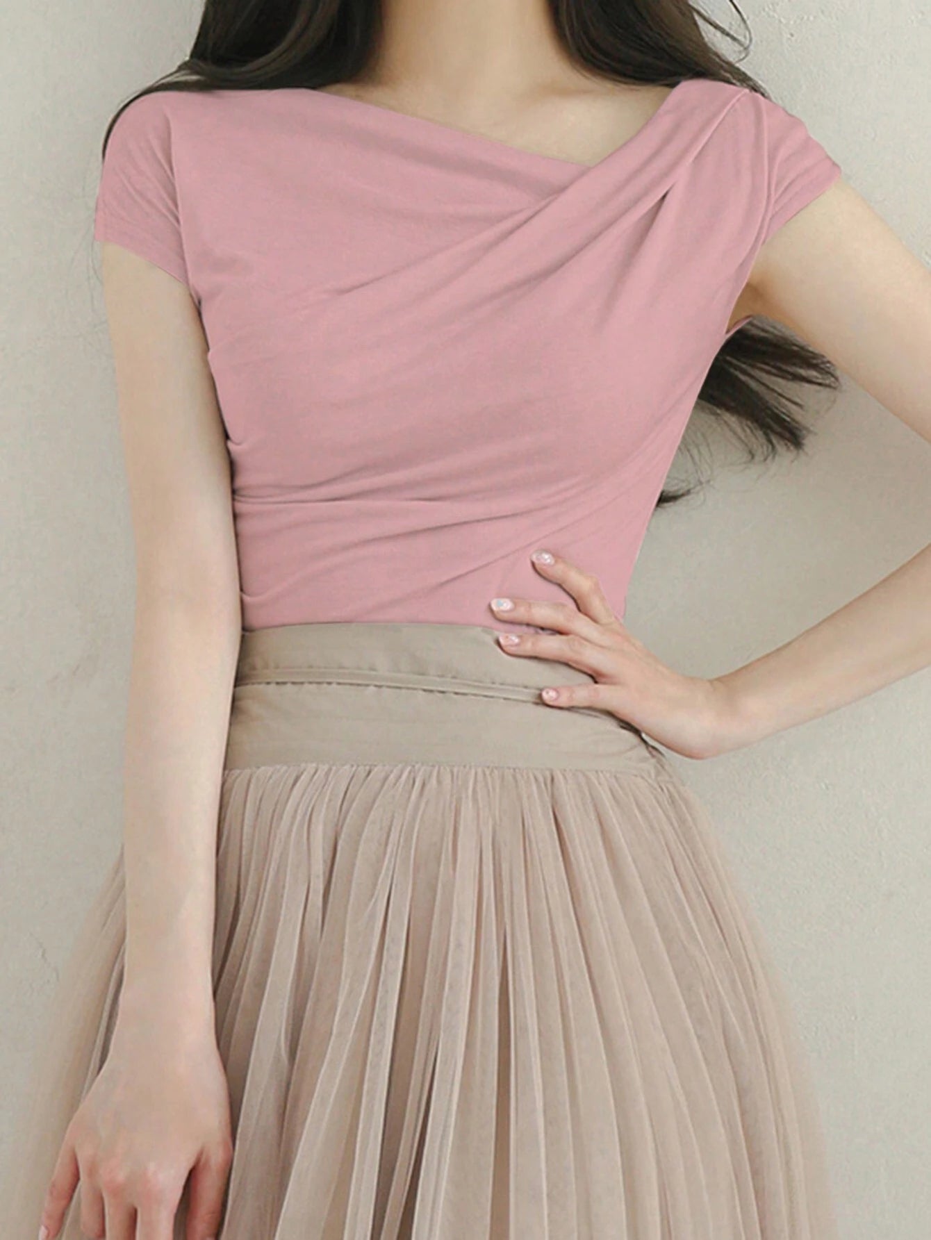 DAZY Women's Summer Solid Color Asymmetrical Collar Slim Short Sleeve T-Shirt