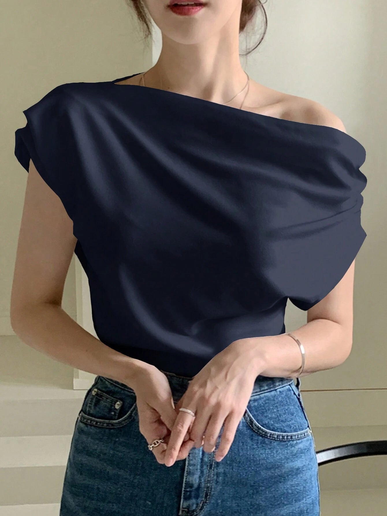 DAZY Solid Asymmetrical Neck Batwing Sleeve Tee